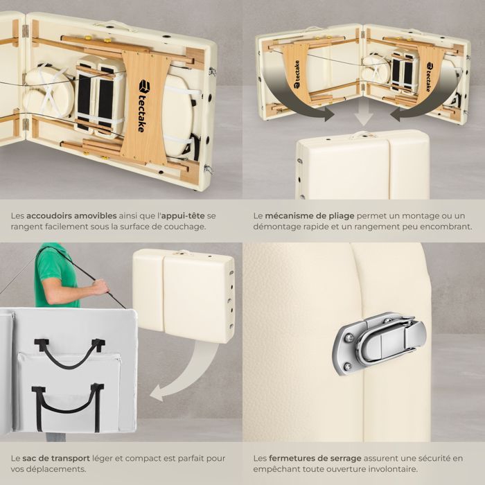 Camilla de masaje - TECTAKE - SOMWANG Camilla de tratamiento plegable y portátil de 3 secciones con estructura de madera 218 x 102 x 90 cm - Beige