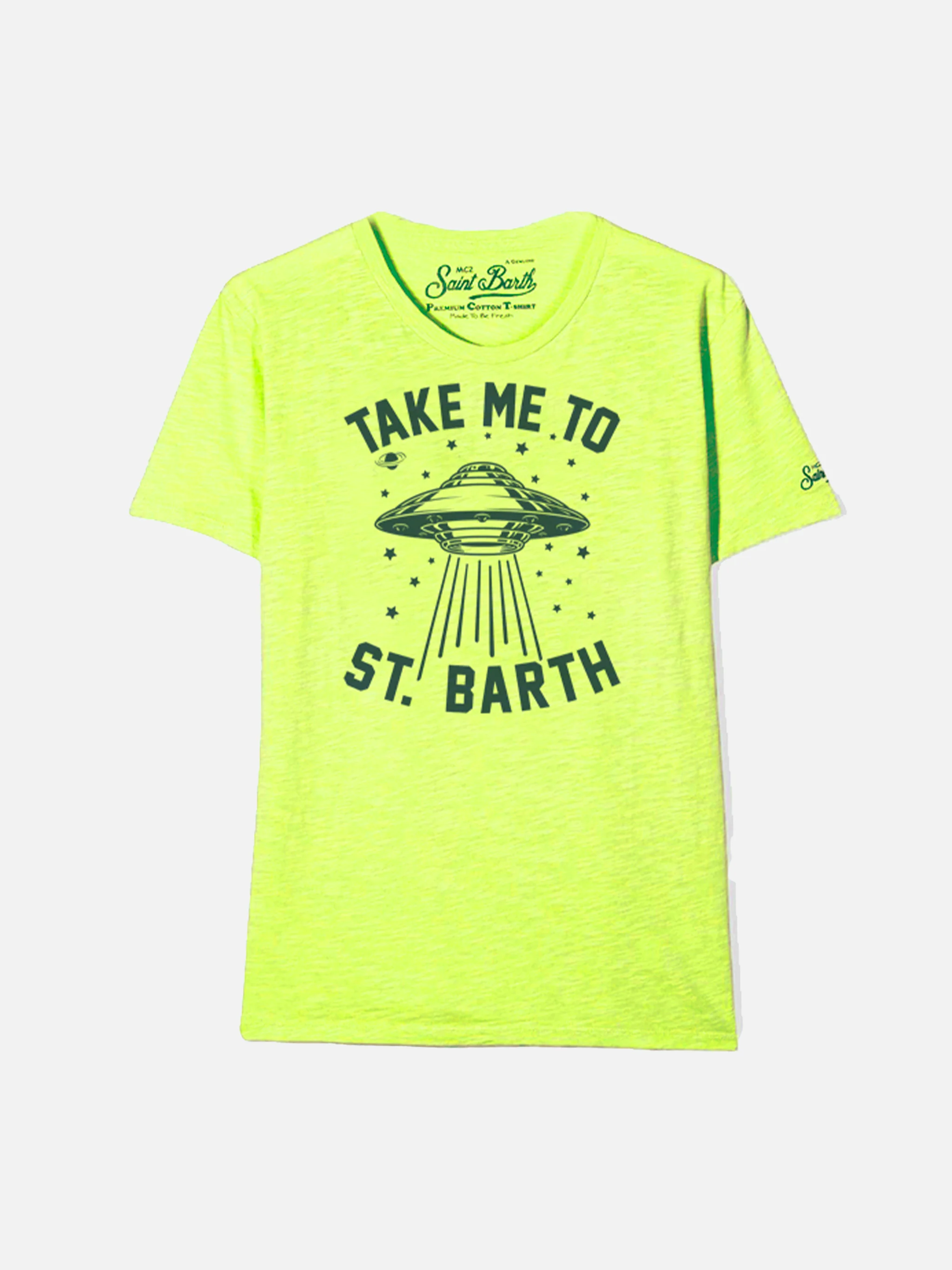 T-shirt voor kinderen met fluorescerend gele UFO-ruimteschipprint