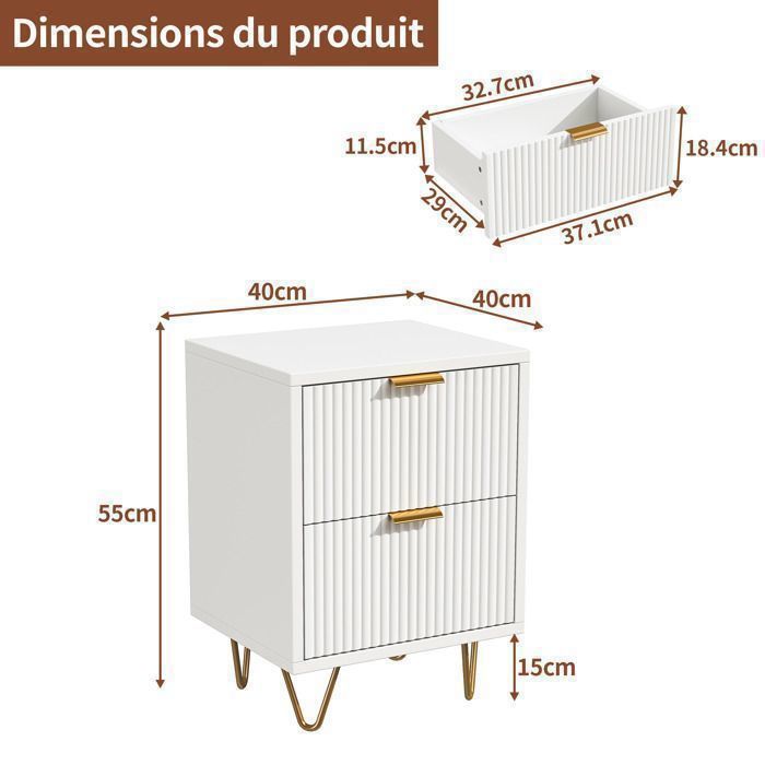 Lot de 2 Tables de Chevet, Tables d'appoint avec 2 tiroirs, Moderne Blanc Table de Nuit avec Pieds dorés, Blanc