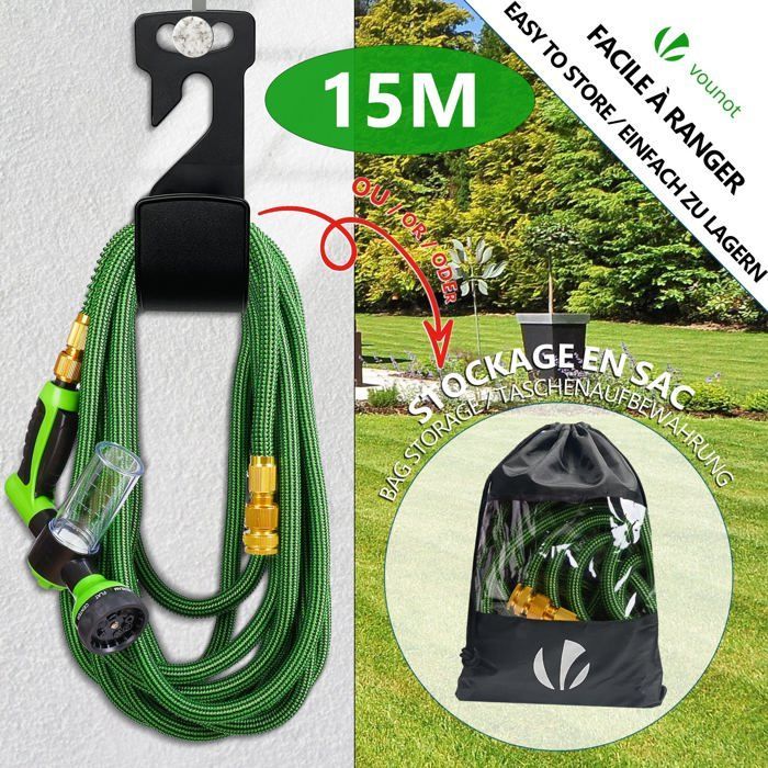Manguera de jardín extensible reforzada VOUNOT® de 15 m, color verde, con depósito de jabón, 8 modos de funcionamiento, conector y bolsa de almacenamiento incluidos.