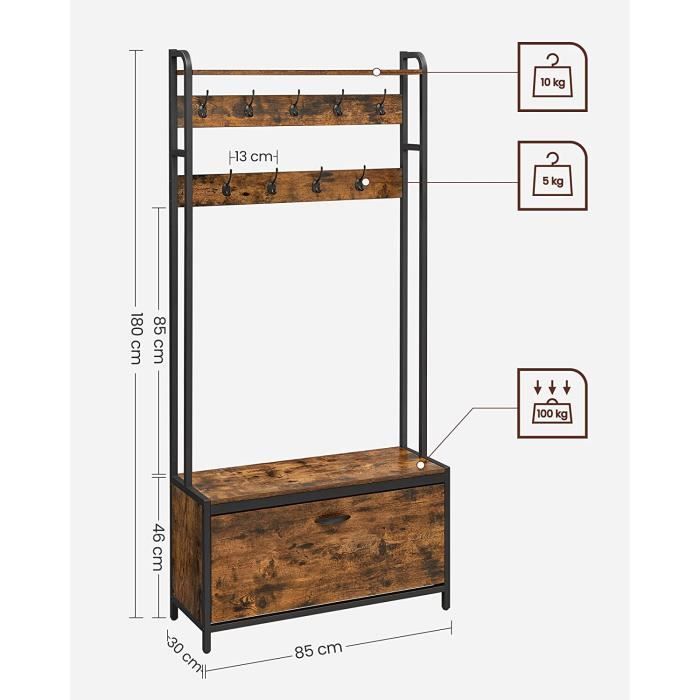Mobile da ingresso con panca - VASAGLE - Vintage - Marrone rustico e nero - 9 ganci e ripiano