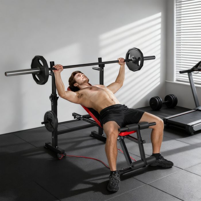 Banco de musculação completo - SPORTNOW - com encosto ajustável, apoio para pernas, cintas de treino e suporte para anilhas - preto