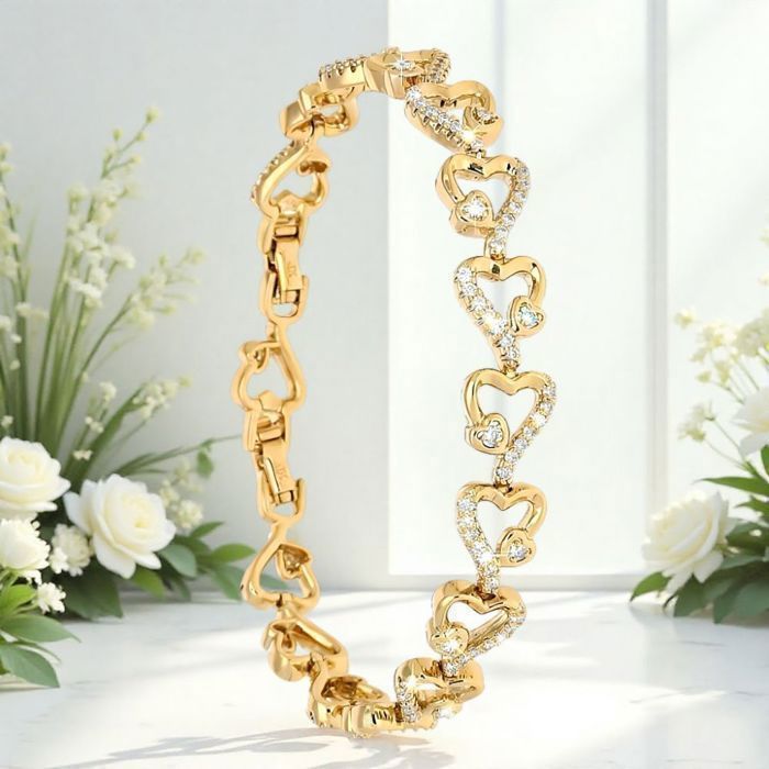Bracelet - Femme - Cœurs - Zircons – Élégance - 19 cm - Plaqué Or Jaune 750/1000 - 3 Microns