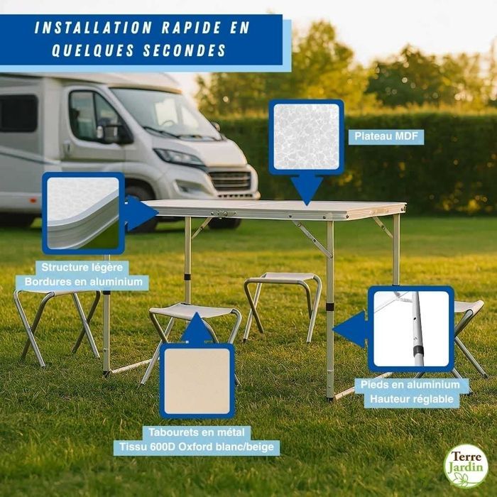 Table de Camping Pliante avec 4 Tabourets, 120 x 60 cm, Hauteur Réglable 54/61/70 cm, Plateau MDF Blanc, Structure Aluminium