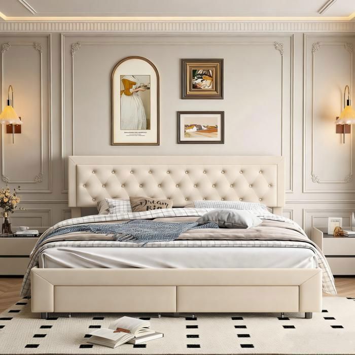 KILISKY Opbergbed 180x200 cm - Beige - Gestoffeerd hoofdbord - 2 lades - Massief hout