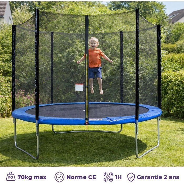 Trampoline KANGUI - BLEU Ø 244-250 cm – Enfant – Filet de sécurité – Certification CE & NF EN 71–14