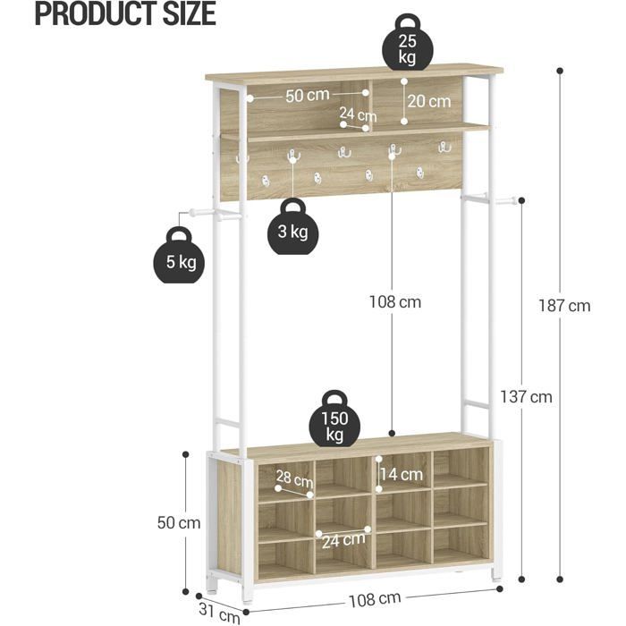 Coat rack, entryway furniture with shoe bench, 14 open compartments, 13 shelves, for entryway, hallway, oak and white