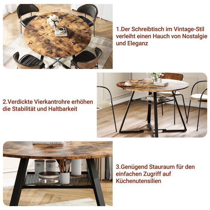 Mesa de comedor redonda de 120 cm, para 4 a 6 personas, con base de metal, ideal para la cocina, con compartimento de almacenamiento y color marrón.