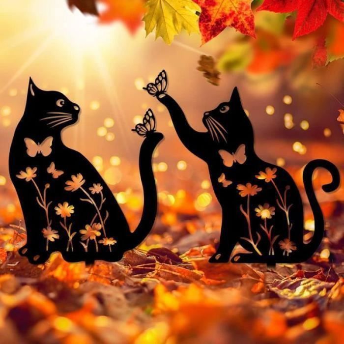 Décoration de Jardin pour Chat en métal - ANNEFLY - Chats jouant des papillons - Noir - Lot de 2 Noir