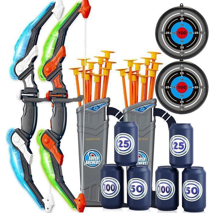 Conjunto de arco e flecha - AIMUIVEI - 2 arcos - 20 flechas com ventosa - 2 alvos - 6 garrafas de plástico