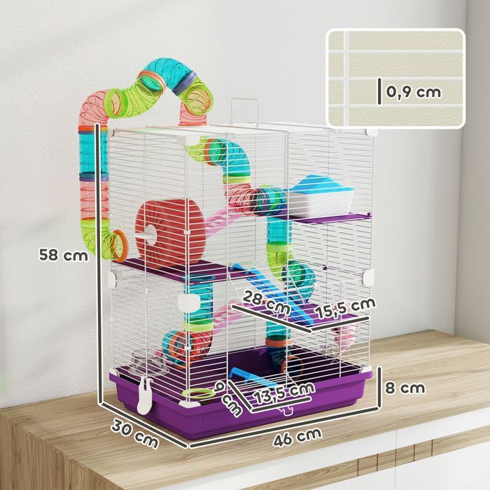 PawHut 4-stöckiger Hamster-/Nagerkäfig mit Tunneln, Futternapf, Laufrad, Häuschen und Leitern – 46 x 30 x 58 cm – Lila