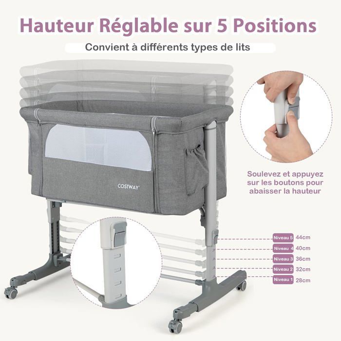 COSTWAY Baby Co-Sleeping Crib with 5 Adjustable Heights, 9KG Load Capacity, Breathable Mesh Bassinet and Travel Bag for Babies 0-6 Months, Light Grey