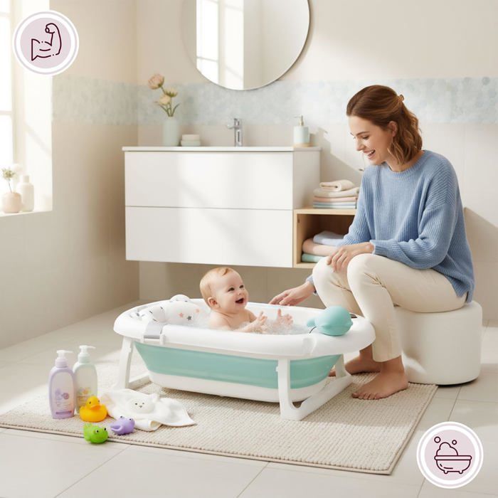 Vaschetta da bagno pieghevole per neonati - Sistema Moby - Holly - Termometro LCD - Cuscino morbido - Supporto in metallo
