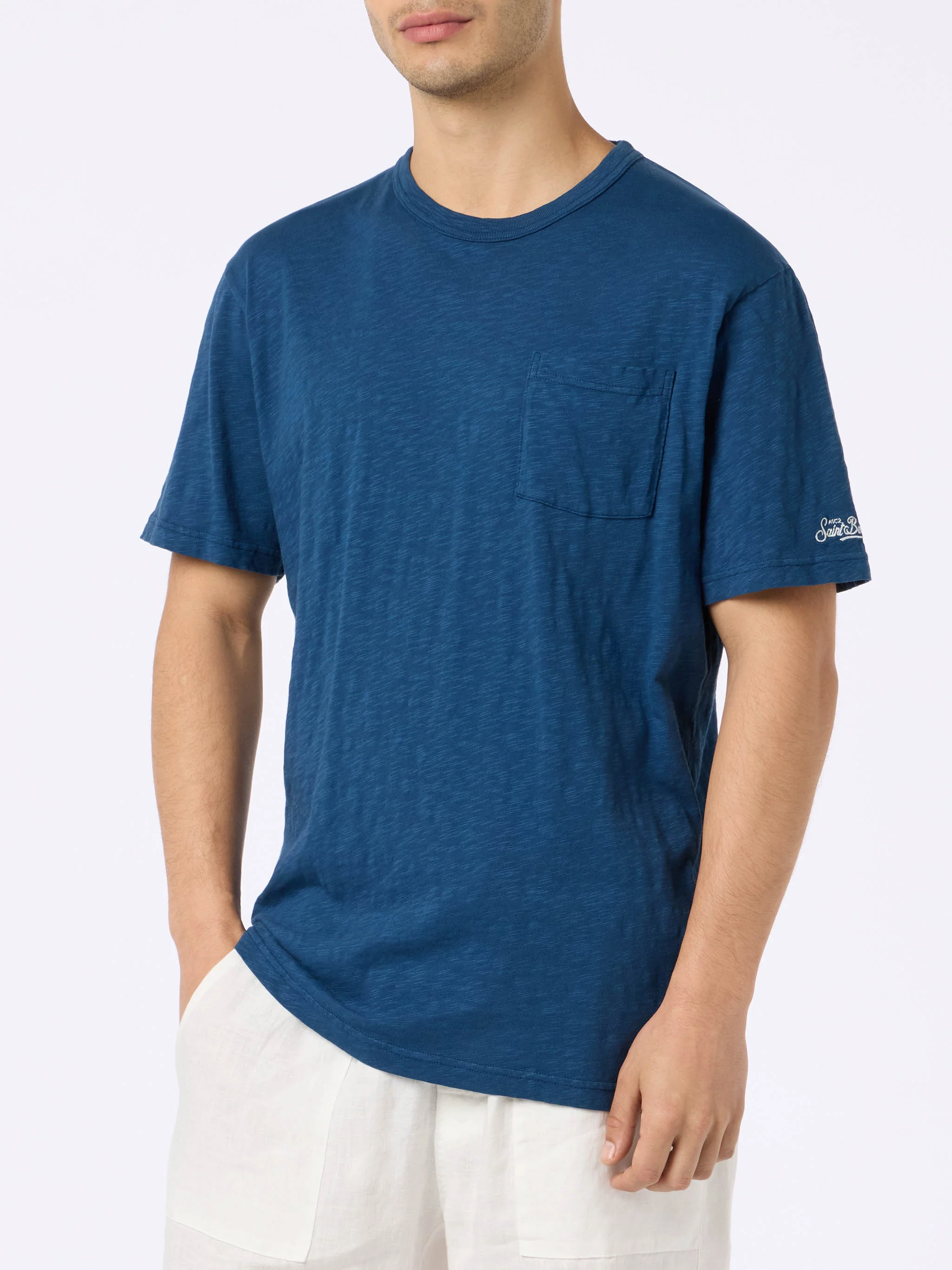 President heren T-shirt van blauw katoen met vlammenmotief en borduurwerk.