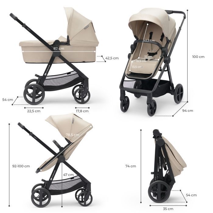 Kinderkraft NEWLY 3-in-1 Combination Stroller with I-Size Car Seat, Travel System, Lightweight 7.5 kg, Folds, Beige