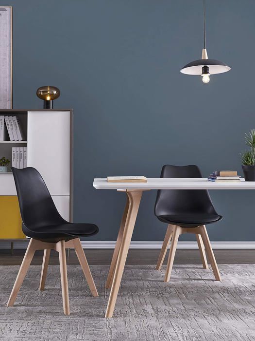 DEWINNER Catherina Dining Chairs, Retro Office Chair, Solid Beech Upholstered Seat (Black, Set of 4)