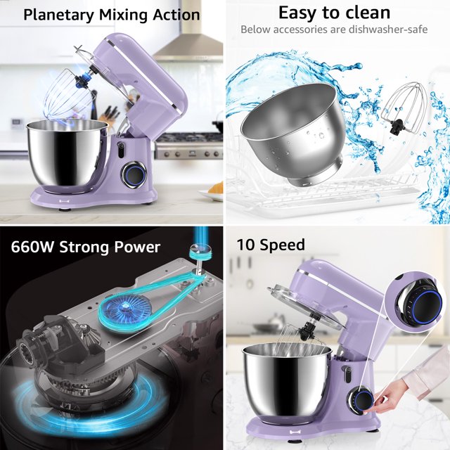 Samsaimo Staande Mixer, 6,5 liter, 660 W, 10 snelheden, Kantelbare Kop, Keukenmixer met Kom, Deeghaak, Klopper en Garde, geschikt voor de meeste thuiskoks