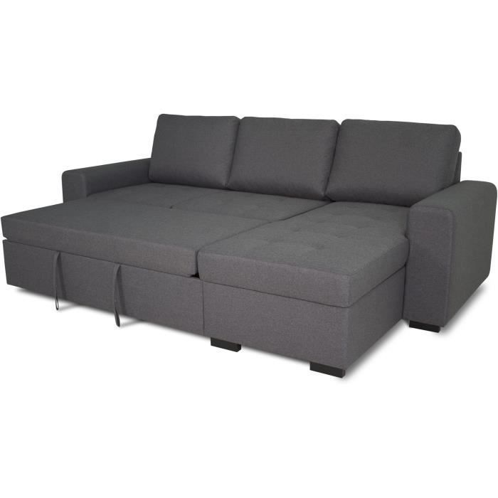 Sofá cama esquinero reversible CATHY de 3 plazas - Tela gris - Ancho 242 x Profundidad 155 x Alto 85 cm