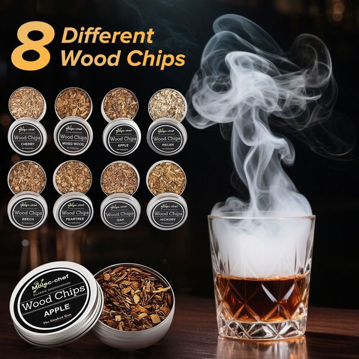 Coffret fumoir cocktails/whisky : inclut brûleur, 8 copeaux de bois, 3 pierres à whisky en acier inoxydable (sans butane)