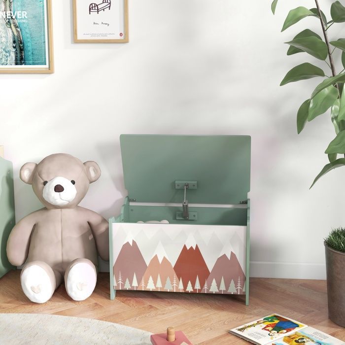 Speelgoedkist voor kinderen - opbergkist voor kinderen - ZONEKIZ - bospatroon, scharnierend deksel - 60 x 37 x 39 cm - groen