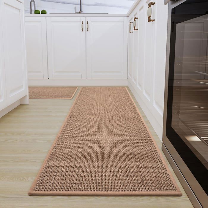 Alfombrilla de cocina antideslizante y lavable de goma para colocar delante del fregadero, de lino, color marrón, 2 piezas, 120x44cm + 75x44cm