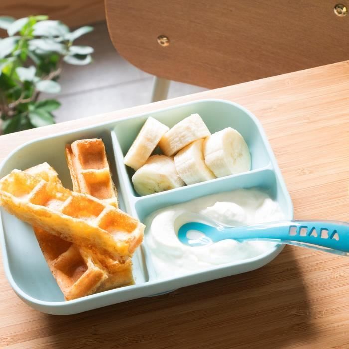 BEABA Baby Meal Set, with Suction Cup, Non-Slip, Divided Silicone Plate + Spoon, Healthy and Durable, Blue
