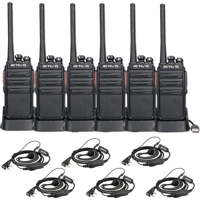 Walkie Talkie recargable Retevis RT24 PMR446, sin licencia, 16 canales, CTCSS/DCS, con base de carga USB y auriculares (6 unidades).