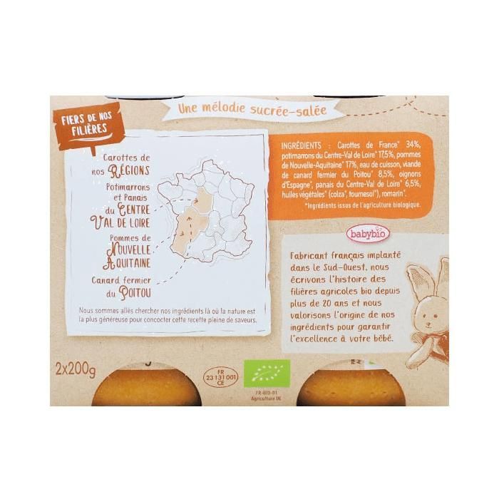 Omogeneizzato biologico Baby Bio al gusto di anatra e verdure - 2 x 200 g - A partire dagli 8 mesi