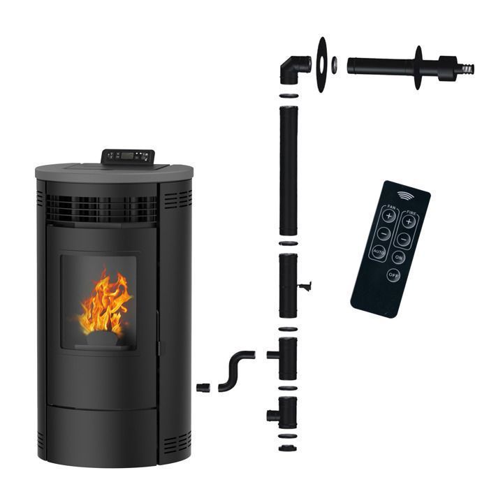 Estufa de pellets sellada Sannover Flavia de 15 kW, color negro + kit de instalación completo