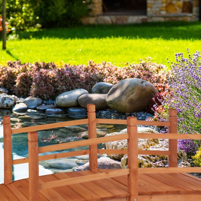 Puente para estanque Relaxdays con balaustrada, pasarela, decoración de jardín, madera, 56 x 140 x 60 cm, color naranja.