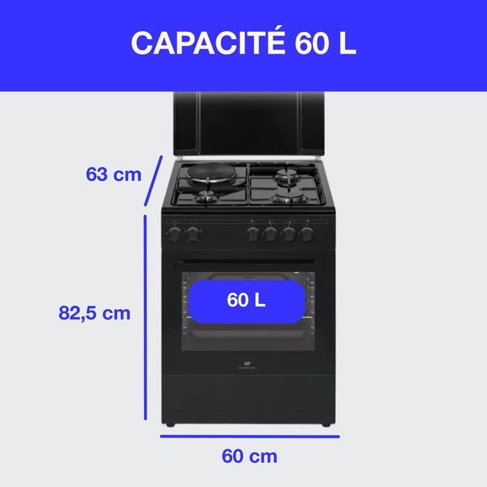 Cucina mista CONTINENTAL EDISON CECM60FCB - 3 bruciatori a gas + 1 bruciatore elettrico - L59,8 x P61 x H83 cm - Nera