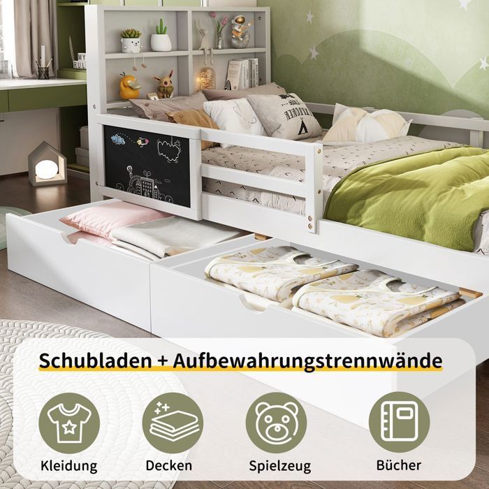 Kinderbed van 90x200 cm met combinatiemogelijkheid, stevig frame met praktische opbergruimte en speels design.
