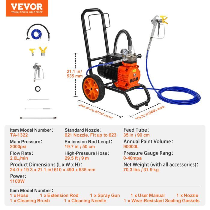Pulverizador de membrana sin aire de alta presión - VEVOR - 1100 W - 2 L/min - para pintura interior y exterior, suministros y cercas