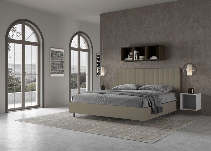Cama king size con almacenamiento - Ityhome - Agueda - 200x210 cm - Piel sintética color capuchino - Diseño moderno