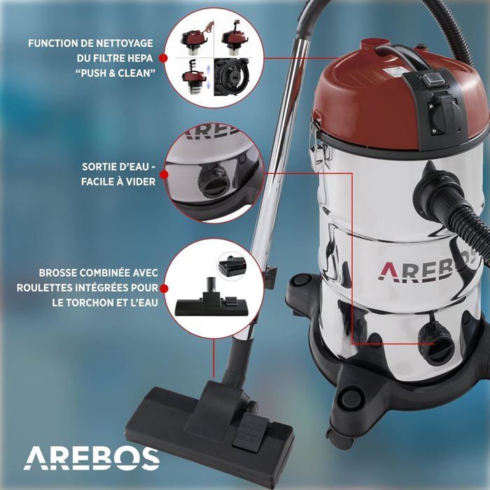 AREBOS Industrial Vacuum Cleaner | Wet and Dry Vacuum Cleaner | 5-in-1 | 1300W | 30L | Stainless Steel