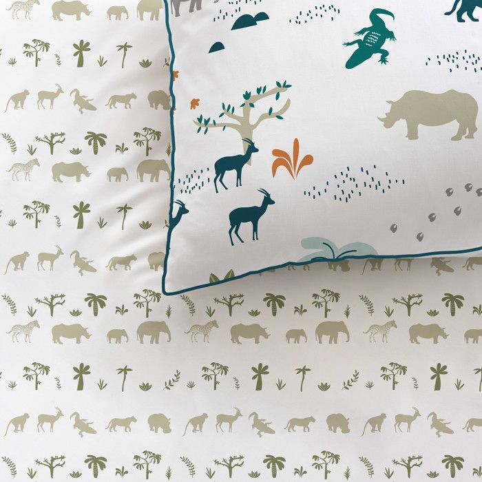 Parure de lit enfant 100% coton - MATT & ROSE - SAFARI - Blanc/kaki - 140x200+63x63cm