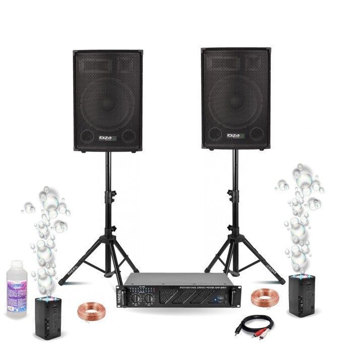 DJ Sound System Pack: 2 Ibiza DISCO12B Speakers (2x600W) - Speaker Stand - 2x480W Fan-Assisted Amplifier - 2 BUBBLE-DREAM LED Bubble Machines - Cables