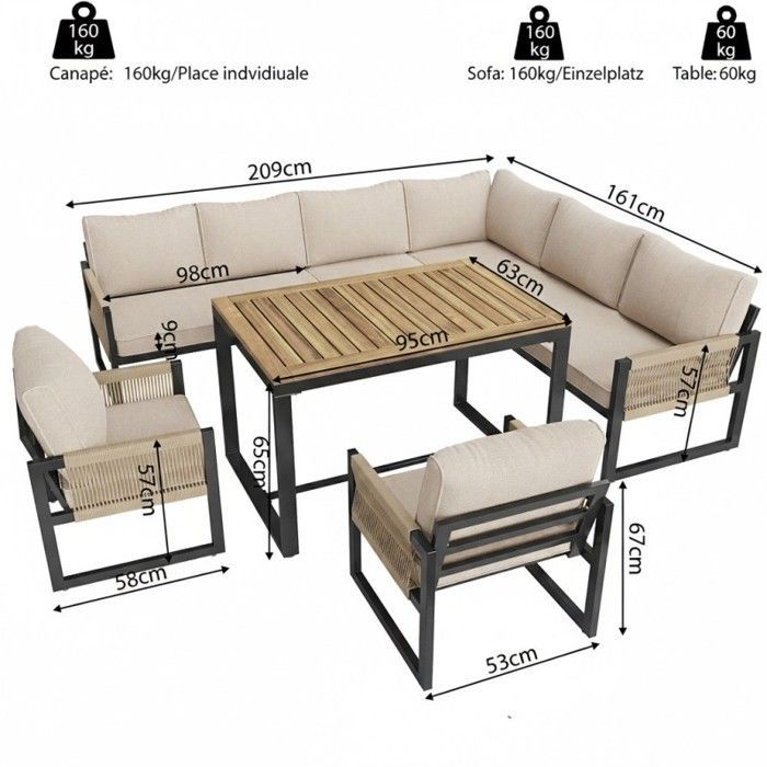 Conjunto de muebles de jardín para exteriores - LANGTU - Modular de 8 plazas - Cojines de 8 cm - Tejido de cuerda - Mesa de 95x63x65 cm