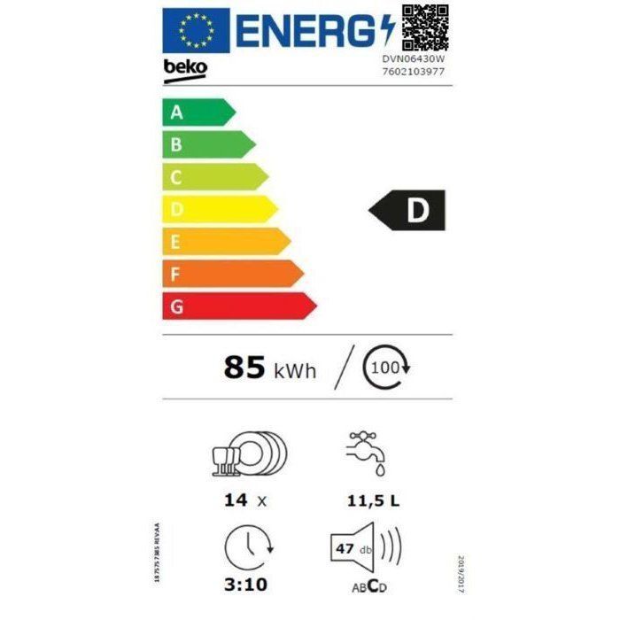 BEKO DVN06430W b100 Vrijstaande vaatwasser - 14 couverts - 60 cm breed - 47 dB - Energieklasse D - Wit