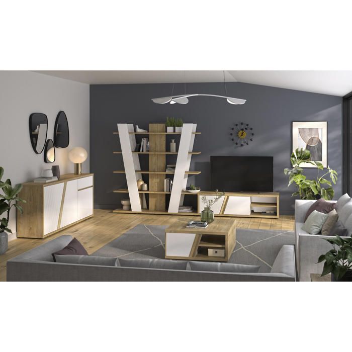 Librería Epura, separador de ambientes, efecto madera de roble mate.