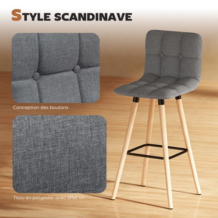 Juego de 2 taburetes de bar - HOMCOM - tapizados - respaldo y reposapiés - patas de madera - tela con aspecto de lino - 41,5 x 47 x 97,5 cm - gris