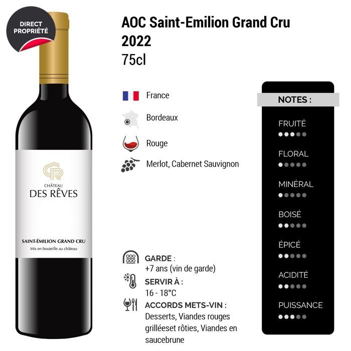Château des Rêves Saint-Emilion Grand Cru 2022 - Vino rosso bordolese (6x75cl)