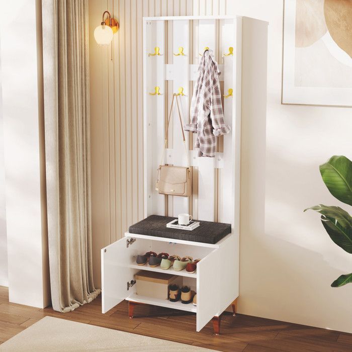 Entryway coat rack with shoe bench and cushion, Shoe cabinet with hooks, Entryway furniture in white, 60.5x35.2x180.5 cm