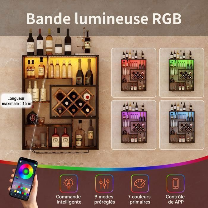 Estantería de pared LED RGB de 80 x 100 cm - 6 niveles - Estantería flotante de metal - Marrón