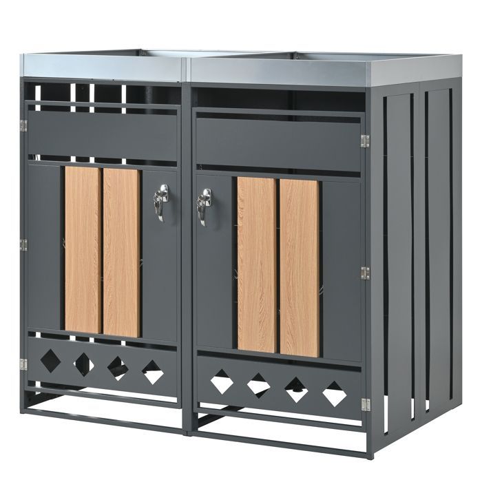 HOMVRA Abri pour Poubelle, Cache-Poubelles 2 Compartiments avec Bac à Fleurs, Design Verrouillables, Acier, Gris et Aspect Bois
