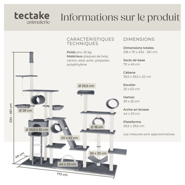 Cat tree - TECTAKE - SNOOKY cat furniture with large scratching post and 1 hammock 218 x 70 x 216 cm - Grey