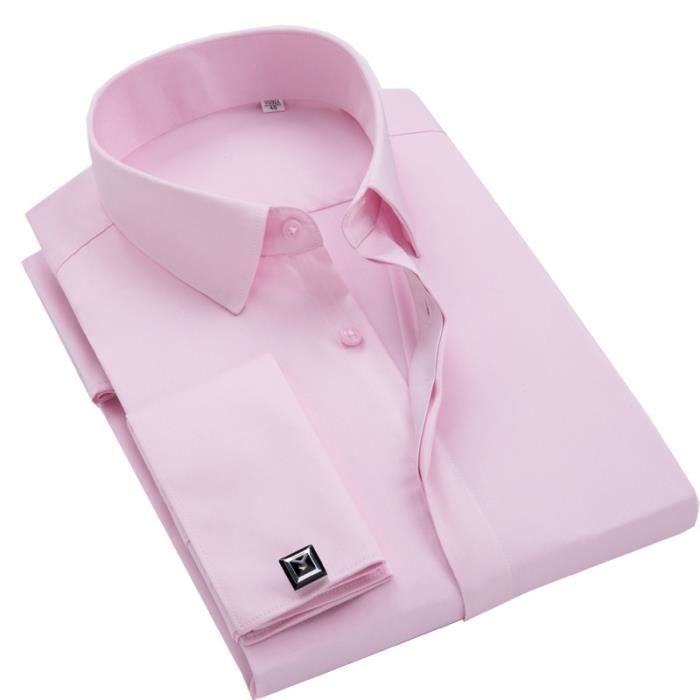Camisa de vestir para hombre de corte ajustado con puños franceses, elegantes mangas largas, color liso - Rosa