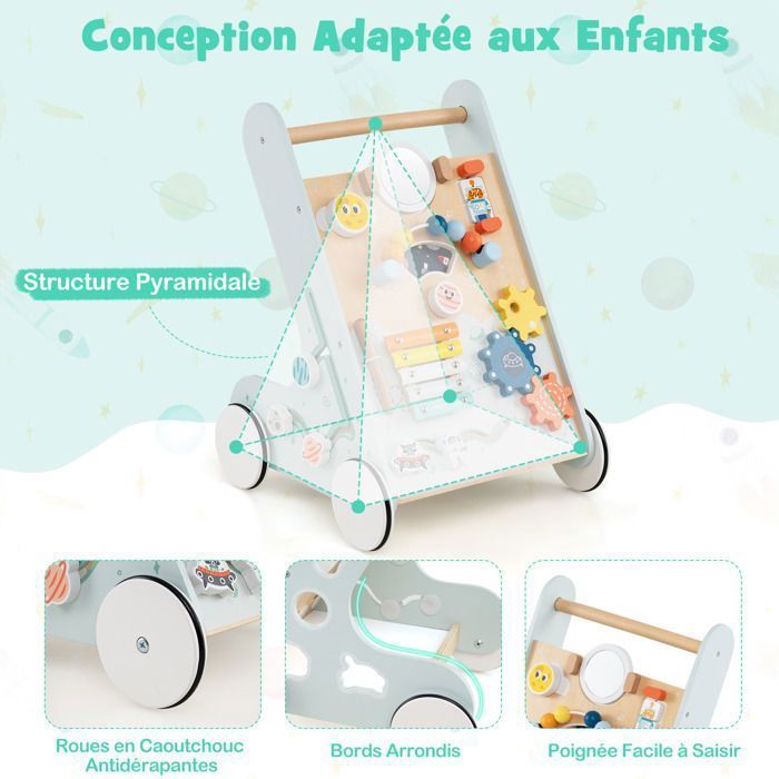 DREAMADE Wooden Baby Walker, Montessori Baby Walker with Mirror & Storage Space & Educational Toy, Light Green