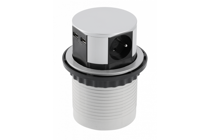 Przedłużacz biurkowy 100mm, 3x gniazdo z/u 2xUSB 2,4A aluminium