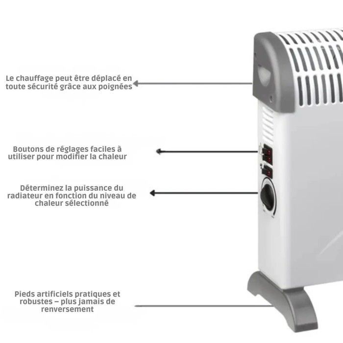 Chauffage Électrique 2000W - Radiateur d'appoint Thermostat intégré, 3 puissances de chauffe 20 m² PLEIN AIR